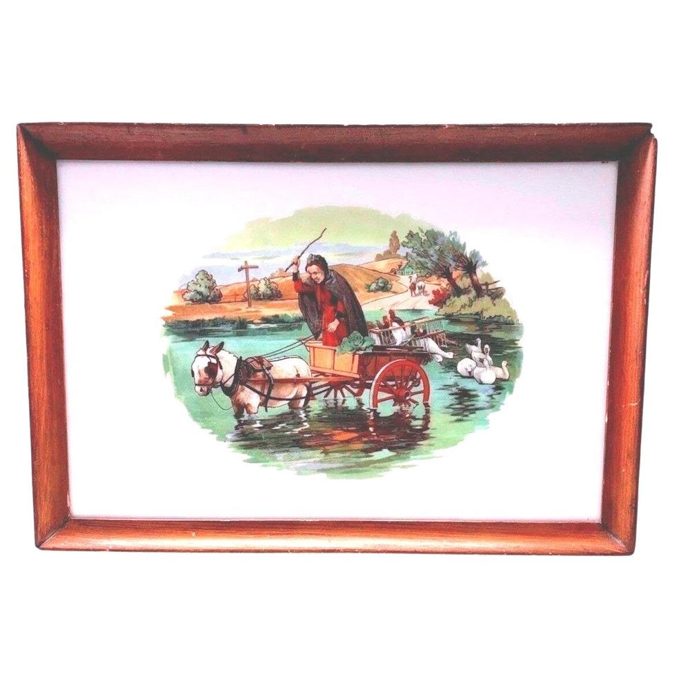 Vintage Wooden Serving Tray Folk Art Horse Cart Illustration Brass Handles 20in